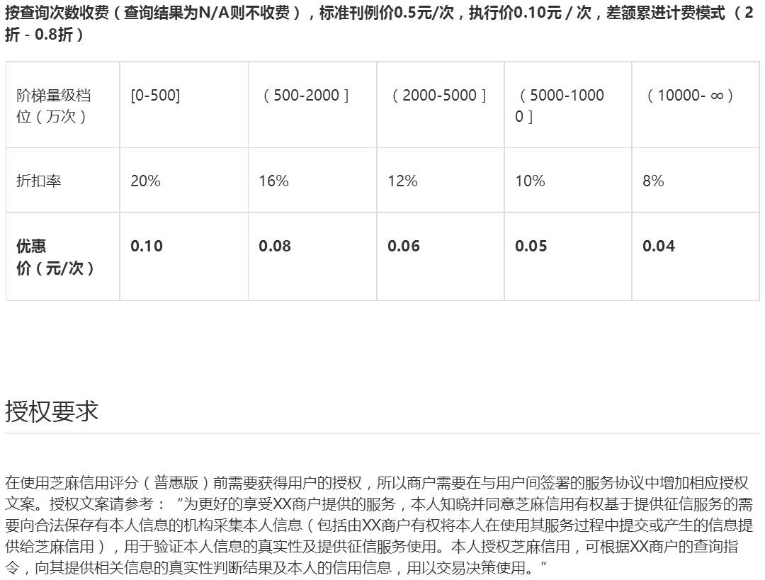 蚂蚁金服开放平台,芝麻信用评分查询计费标准及授权要求