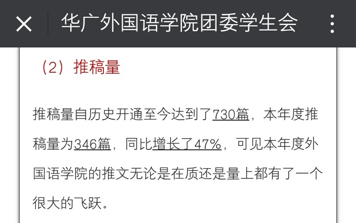 外国语团学公众号去年推送346篇,平均每天一篇